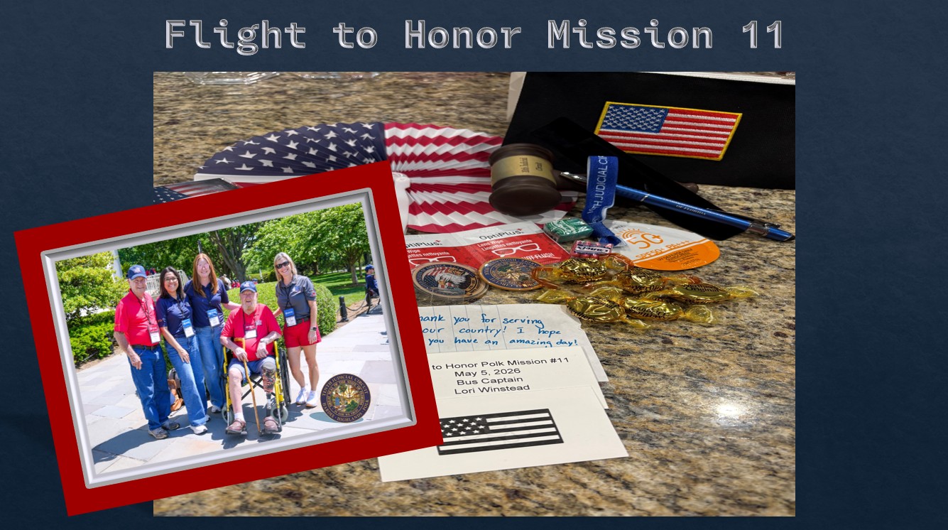Flight To Honor Mission 11 - Circuit Judges Brenda P. Ramirez, Melissa Gravitt, and Lori Winstead standing next to two United States Veterans in Washington, D.C. on May 5, 2026
