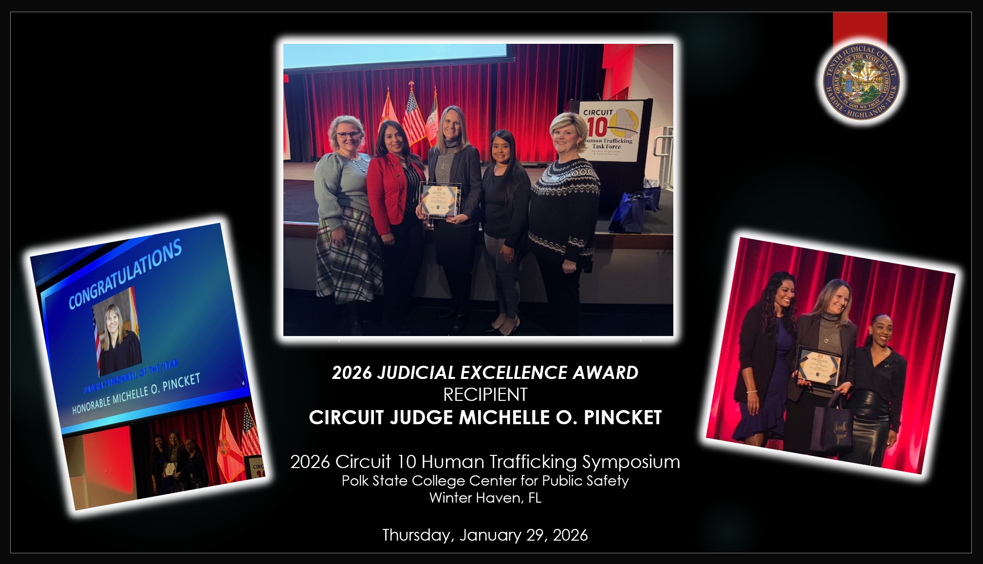 Circuit Judge Pincket holding her Judicial Excellence Award with Director of Case Management, Jodi Hawthorne, standing to her right, and Case Management Specialist, Dubelsa Lorente, and Juvenile Program Coordinator, Heather Pemberton, standing to her left. 