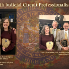 Circuit Judge Peter F. Estrada received the Professionalism Award, and Case Management Program Coordinator Chloe Vincent received the Justice Achievement Award at the 2026 Professionalism Dinner. Judge Estrada and Chloe Vincent are standing next to each other holding their awards and Nick Sudzina, Stacey Hoskins, and Dakota Chestnut are standing behind them.